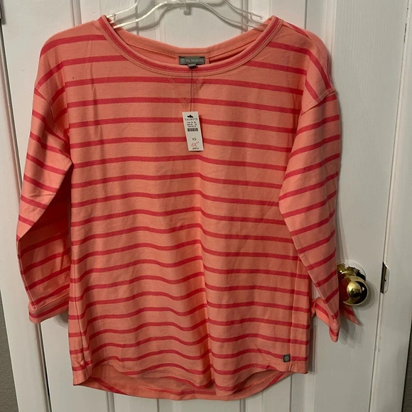 Talbots Women’s (XS) Salmon Pink Striped Pullover Stretch Bow Sleeve NWT Top - Picture 1 of 6
